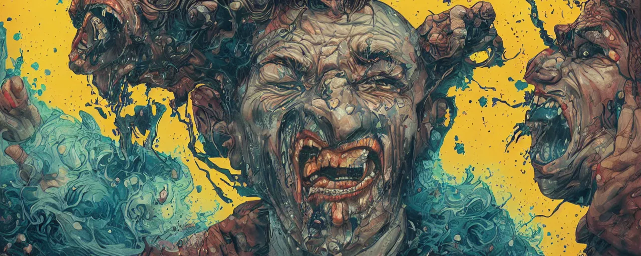 Image similar to portrait of a mad man screaming with ink bursting from the eyes, by josan gonzales, max prentis,