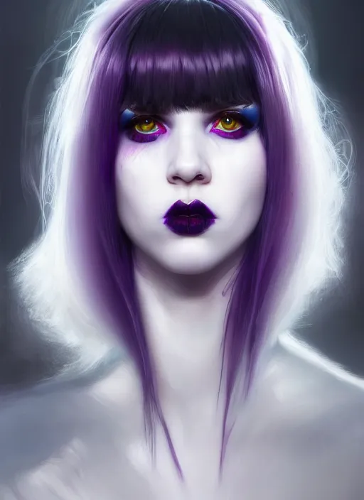 Image similar to portrait of white teenage girl, normal face, white bangs, mall goth, cyberlox, black and white hair, bangs, fluffy bangs, red contact lenses, purple lipstick, intricate, elegant, highly detailed, digital painting, artstation, concept art, sharp focus, smooth, illustration, art by wlop, mars ravelo and greg rutkowski