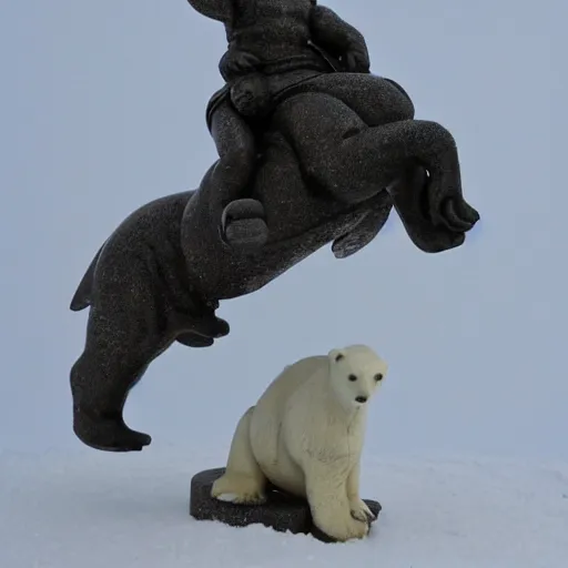 Image similar to pierre trudeau riding a polar bear, metal sculpture