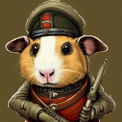 Image similar to cute little anthropomorphic Guinea Pig ww1 soldier, tiny, small, short, military outfit, cute and adorable, pretty, beautiful, DnD character art portrait, matte fantasy painting, DeviantArt Artstation, by Jason Felix by Steve Argyle by Tyler Jacobson by Peter Mohrbacher, cinema