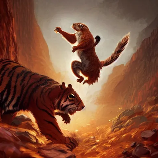 Image similar to Squirrel/tiger, ferocious, angry, magic the gathering artwork, D&D, fantasy, cinematic lighting, centered, symmetrical, highly detailed, digital painting, artstation, concept art, smooth, sharp focus, illustration, volumetric lighting, epic Composition, 8k, art by Akihiko Yoshida and Greg Rutkowski and Craig Mullins, oil painting, cgsociety