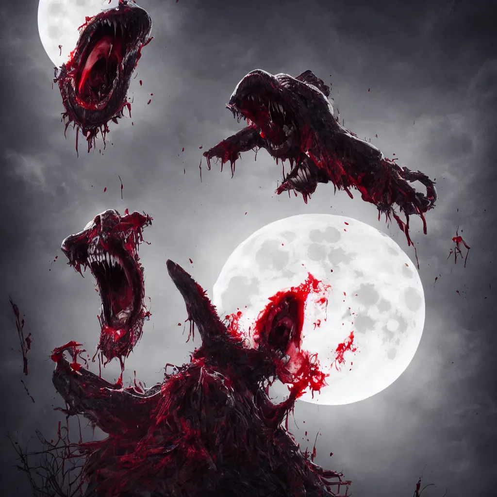 Prompt: bloody and menacing vampire opening its mouthx and baring its fangs under the moon with vapor in twilight, darkart, hyperdetailed, hyperealistic, cinematography, 8k,beautiful,Artstation, beautiful