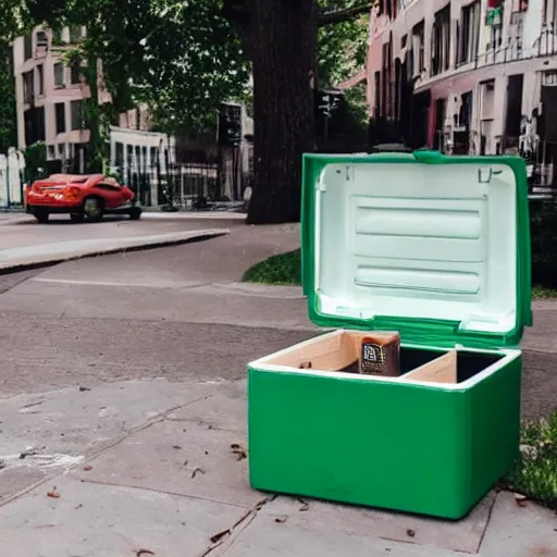 Prompt: snoofkin drinking coffee on green boxes in the street