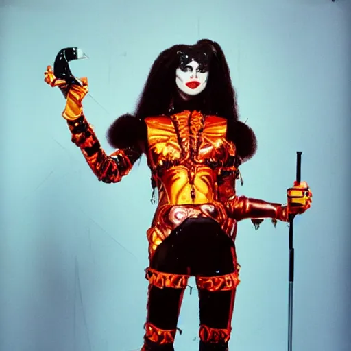Image similar to klingon with telescopic limbs dressed in glam clothing, photo by cindy sherman