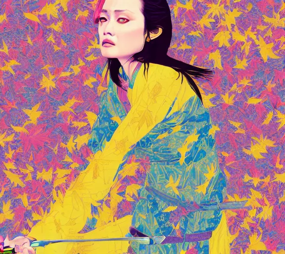 Prompt: breathtaking detailed pattern pastel colors, action scene from kill bill, with angelina jolie ( kill bill ) in yellow kimono, swinging katana sword and autumn leaves, fuji, by hsiao - ron cheng, exquisite detail, enhanced eye detail