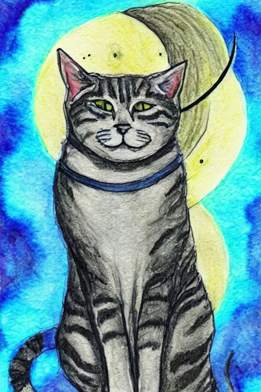 Prompt: drawing of a cat sitting on moon, witchy, mystical, watercolor