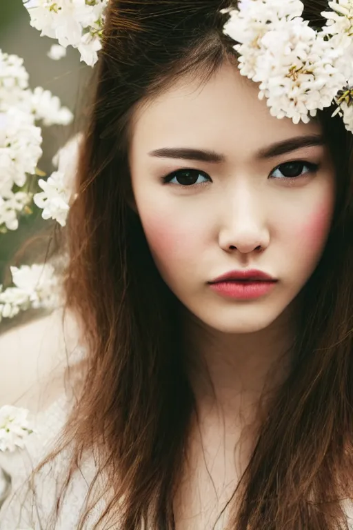 Prompt: close - up fashion woman portrait airy flowers clouds