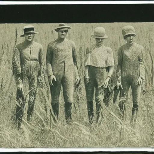 Prompt: 1920s photo of several aliens in a field.