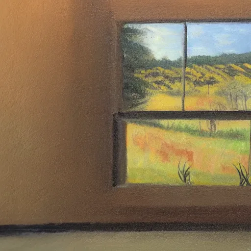 Prompt: a cinematic view looking out a window into an open field, wind blows the leaves, oil painted