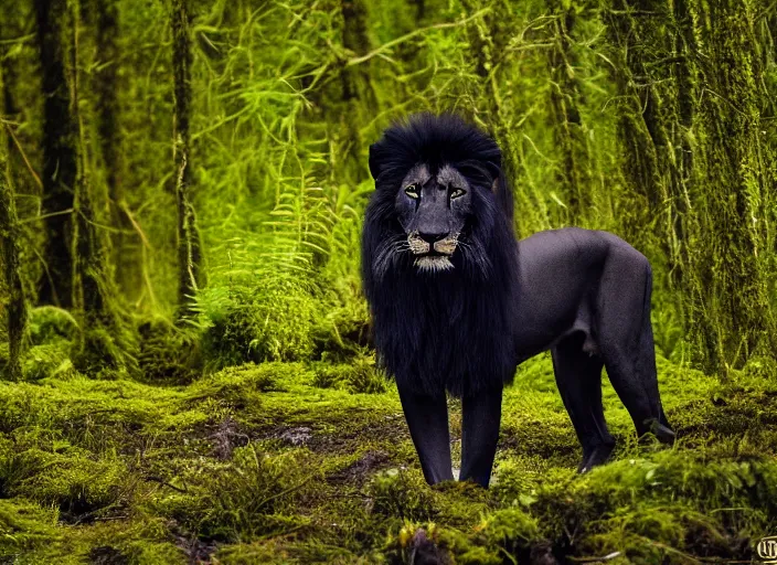 Prompt: professional wildlife photograph of a black lion standing in a dark jungle at night, surrounded by dense trees, moss, ferns, volumetric lighting, apex predator, natgeo