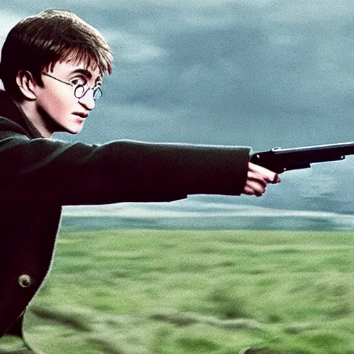 Image similar to harry potter shooting voldemort with a gun, the gun shoots a green magic flare, voldemory is flabbergasted, ultra realistic, motion blur