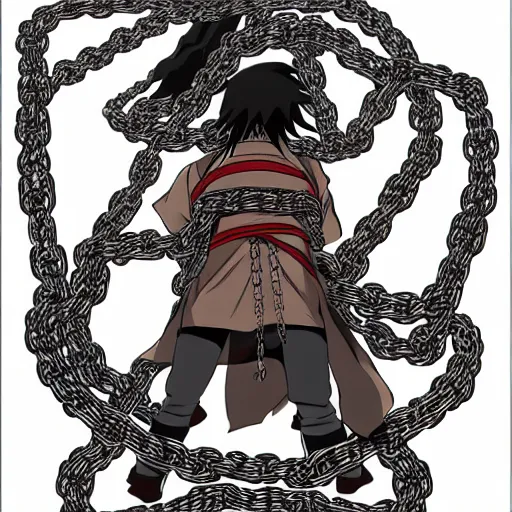 Image similar to A FULL BODY PORTRAIT FROM BEHIND OF MADARA UCHICHA ,THE MAN KEEPS A KUSARIGAMA AND IT IS WRAPPED IN CHAINS ,detailed, concept art, ink style , sketch