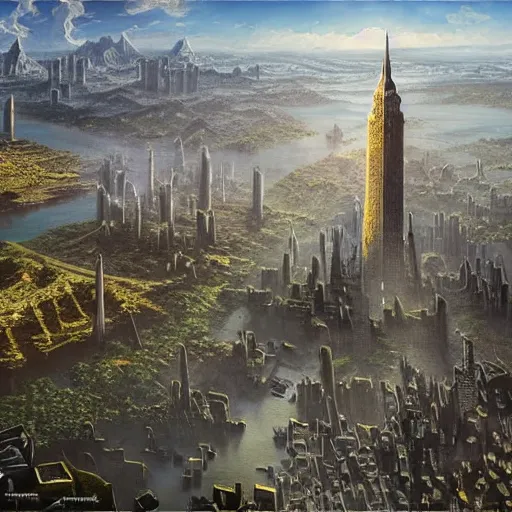 Image similar to an ultra detailed matte painting of a lonely and impossibly tall ominous dark tower elevated high above the city, on an isolated plateau island in a river elevated high above the city fortress tower, fantasy capital city, ultrawide lense, aerial photography, volumetric lighting, exquisite detail, 8 k, art by artgerm and greg rutkowski and alphonse mucha