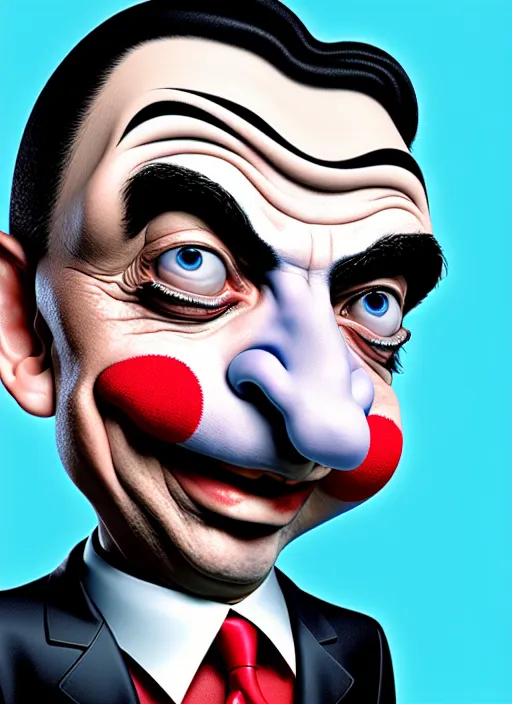 Image similar to highly detailed caricature portrait of mr bean with clown makeup by ross tran, by greg rutkowski, brush strokes, 4 k resolution, light blue pastel background