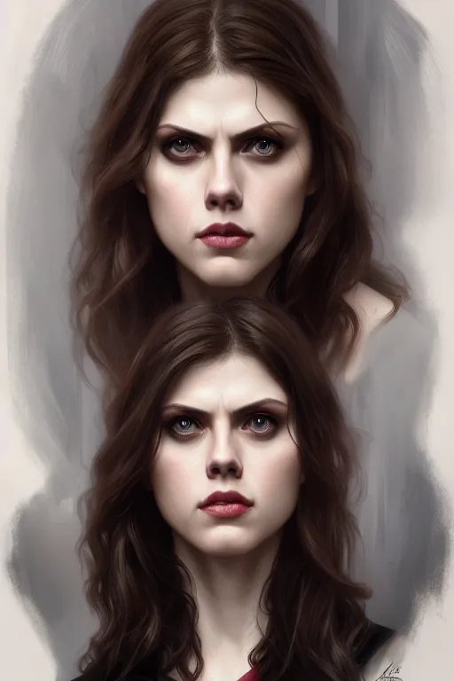 Image similar to alexandra daddario as black widow, realistic portrait, symmetrical, highly detailed, digital painting, artstation, concept art, smooth, sharp focus, illustration, cinematic lighting, art by artgerm and greg rutkowski and alphonse mucha