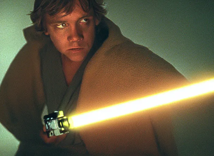 Image similar to detailed protrait photo of Luke skywalker using his lightsaber to light up a dark hazy cave and discover the ancient jedi texts. screenshot from the 1985 film, Photographed with Leica Summilux-M 24 mm lens, ISO 100, f/8, Portra 400