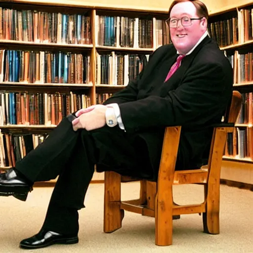Prompt: 2 0 0 3 john lasseter wearing a black suit and necktie and black shoes sitting in a chair with his legs resting on top of a footstool in a bookstore.