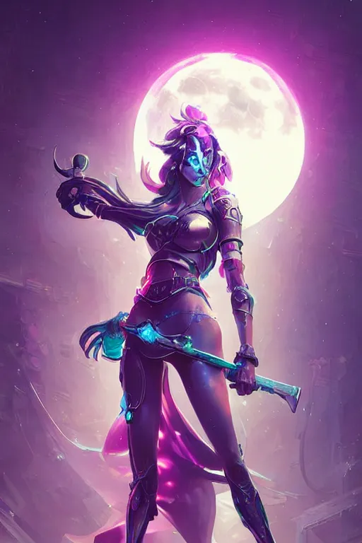 Image similar to diana from league of legends, cyberpunk futuristic neon. holding a moon sword, moon glowing in background decorated with traditional japanese ornaments by ismail inceoglu dragan bibin hans thoma greg rutkowski alexandros pyromallis nekro rene maritte illustrated, perfect face, fine details, realistic shaded, fine - face, pretty face, masterpiece