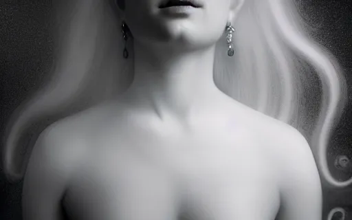 Image similar to delicate, dreamy, feminine, subsurface scattering, white, young beautiful goddess in cosmos long white hair floating in air, fluid smoke art, black and white, octane render, dino valls, mark ryden, joe fenton, michal karcz, highly detailed, rim light, art, cinematic lighting, very coherent, hyper realism, 8 k