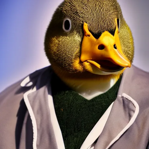 Image similar to a duck scientist wearing a labcoat, duck sits at a table, scientist is a duck, not human super resolution, 8k