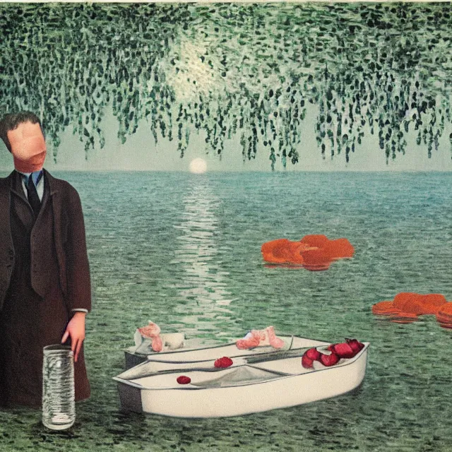 Prompt: emo pathology student, a river flooding inside, medical supplies, pigs, plants in glass vase, pork meat, water, river, rapids, canoe, pomegranate, berries dripping, waterfall, swans, acrylic on canvas, surrealist, by magritte and monet