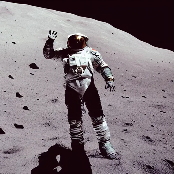 Image similar to dustin bates from starset on sci fi spacesuit doing an epic cinematic pose on the moon, highly detailed, masterpiece