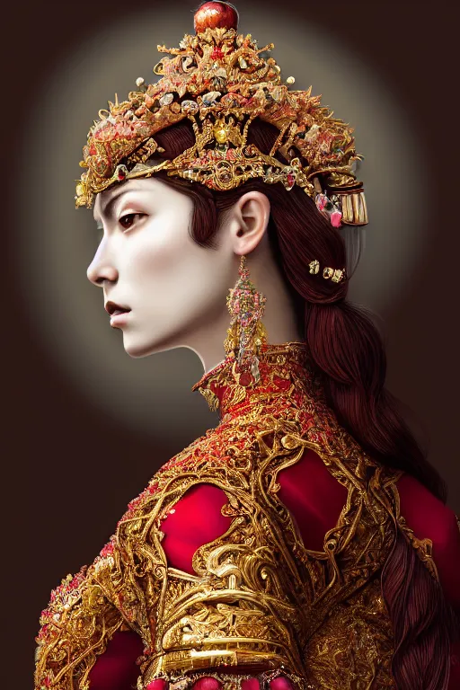 Prompt: a singular beautiful empress portrait, with a brilliant, impossible striking shiny big ruby headpiece, symmetrical, reflective surface, ruby clothes, rococo, baroque, jewels, asian, realistic, studio lighting, closeup, D&D, fantasy, intricate, elegant, highly detailed, digital painting, artstation, octane render, 8k, concept art, matte, sharp focus, illustration, art by Artgerm and Greg Rutkowski and Alphonse Mucha
