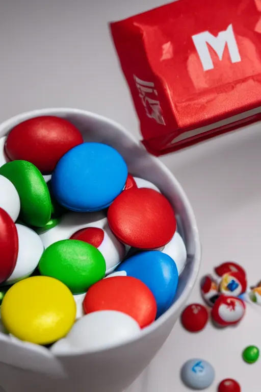 Prompt: a single red m & m candy with white arms and legs, a red sphere wearing a white baseball cap, eminem as a m & m candy standing on a floor covered with m & m candies, m & m candy dispenser, m & m plush!!!, unreal engine, studio lighting, unreal engine, volumetric lighting, artstation, professional food photography