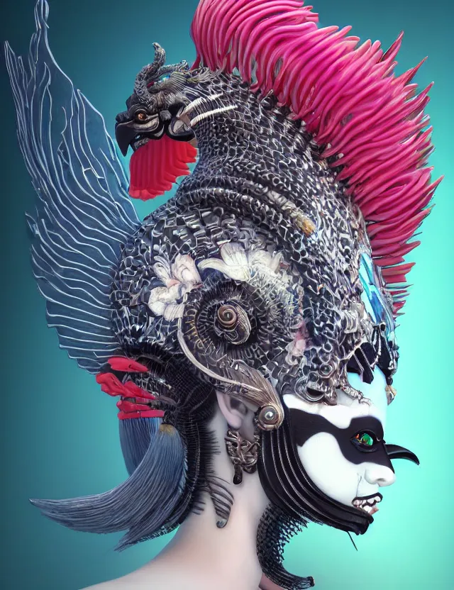 Image similar to 3 d goddess close - up profile simple portrait punk with mohawk with ram skull. beautiful intricately detailed japanese crow kitsune mask and clasical japanese kimono. betta fish, jellyfish phoenix, bio luminescent, plasma, ice, water, wind, creature, artwork by tooth wu and wlop and beeple and greg rutkowski