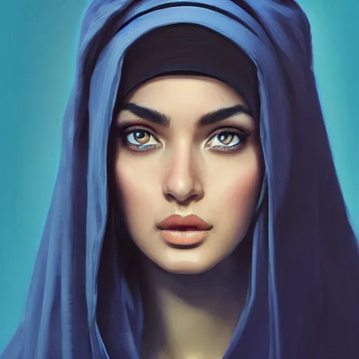 Image similar to greek ameera al taweel , blue eyes, black hair, beautiful face, oild painting, Hyper-realistic, Highly Detailed, HD, by Brom, by beeple, studio ghibli, wallpaper, highly detailed, trending on artstation