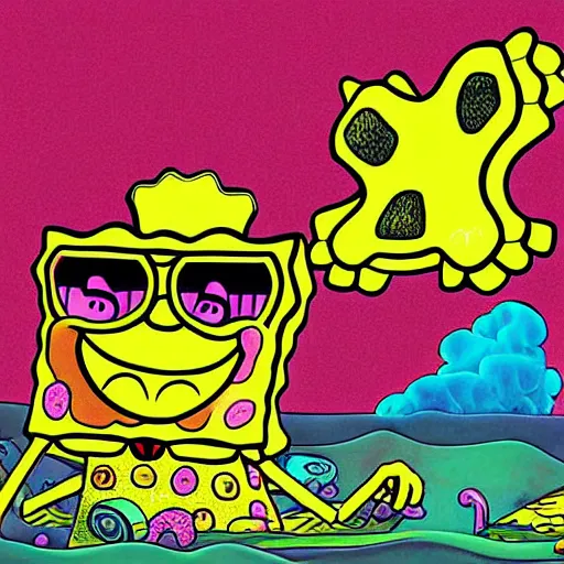 Image similar to spongebob squarepants under weed clouds, digital art, amazing detail, by Lulu Chen