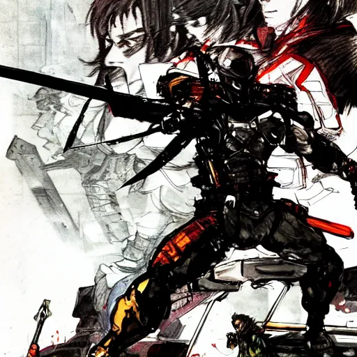 Image similar to hero sitting on a chair holding a sword on his back, looking at a army in the background illustrated by yoji shinkawa, pencil art, extra detail, dynamic, colored, blood, metal swords, clearly drawn, sharp lines