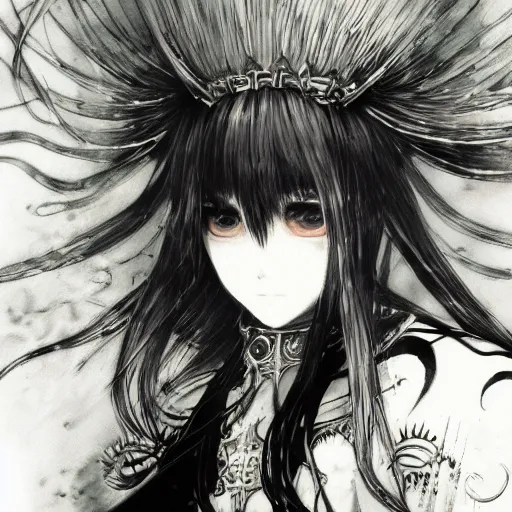 Prompt: yoshitaka amano blurred and dreamy illustration of an anime girl with black eyes, wavy white hair and crown on her head wearing elden ring armor with the cape fluttering in the wind, abstract black and white patterns on the background, noisy film grain effect, highly detailed, renaissance oil painting, weird portrait angle