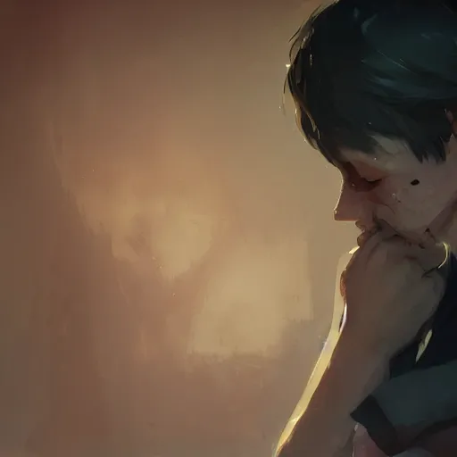 Image similar to a young man crying because he is in love, cinematic lighting, dramatic atmosphere, by dustin nguyen, akihiko yoshida, greg tocchini, greg rutkowski, cliff chiang, 4 k resolution, trending on artstation