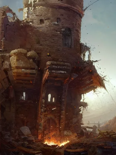 Prompt: demolition of ruins of a tower. elegant, highly detailed, digital painting, artstation, concept art, sharp focus, illustration, by justin gerard and artgerm, 8 k