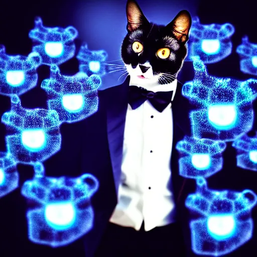 Image similar to A tuxedo housecat with playing with a swarm of glowing nanobots. iphone photograph 35mm. studio lighting. trending on instagram.