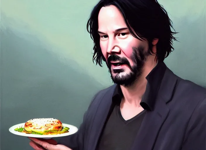 Prompt: extremely!! fat!!!!!!!!!!!!!!!!!!!!!!! keanu reeves, celebrating, eating, extremely happy, birthday painting, elegant intricate digital painting artstation concept art by mark brooks and brad kunkle detailed