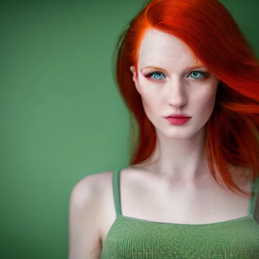 Prompt: A beautiful redhead, sweet, green eyes, seductive expression, modelsociety, raytracing, studio lighting, slight imperfections, intricate, Sony a7R IV, symmetric balance, polarizing filter, Photolab, Lightroom, 4K, Dolby Vision, Photography Award