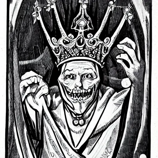 Image similar to lich wearing a crown 1930 cartoon illustration black and white lineart detailed technical drawing