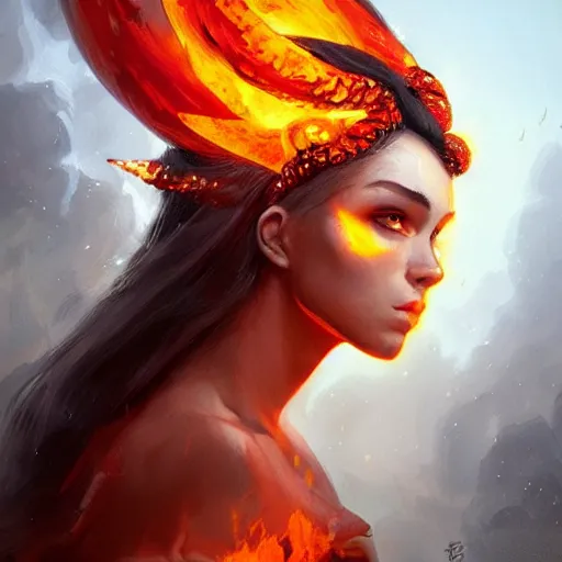 Prompt: A stunning portrait of a fire goddess by Andrews Esao, fantasy, Trending on artstation.