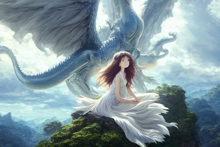 Image similar to the beautiful hyper detailed big scene render that a beautiful girl sitting on the back of a huge silver white dragon alone in fairyland surrounded by white clouds, finely detailed angelic face delicate features, style of studio ghibli, makoto shinkai, raphael lacoste, artgerm, karol bak, kazuki tanahashi, james jean, ross tran, ultra wide angle