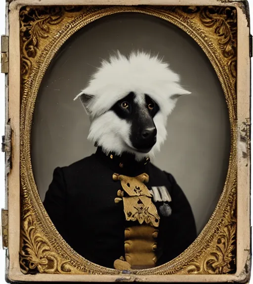 Image similar to professional studio photo portrait of anthro anthropomorphic albino german shepard head animal person fursona serious wearing elaborate military general uniform clothes degraded medium by Louis Daguerre daguerreotype tintype