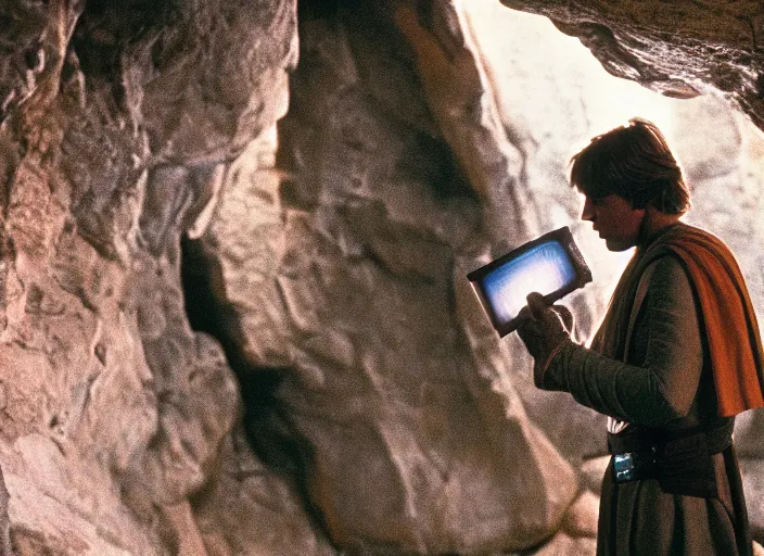 Image similar to detailed photo of Luke skywalker finding the ancient jedi texts in an strange hazy cave. 1985 film, Photographed with Leica Summilux-M 24 mm lens, ISO 100, f/8, Portra 400