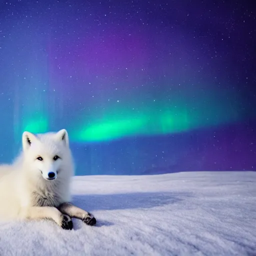 Prompt: white background, snow blanket, arctic fox sitting down, side view, fully body, fox looking up, fox enjoying the sun, matte painting, aurora borealis, snowflakes