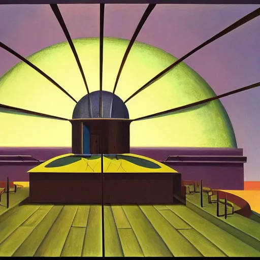 Image similar to exaggerated death ray, doomsday weapon, evil lair, mastermind, observatory interior, rotunda, shield, comedic, dystopian, grant wood, pj crook, edward hopper, oil on canvas