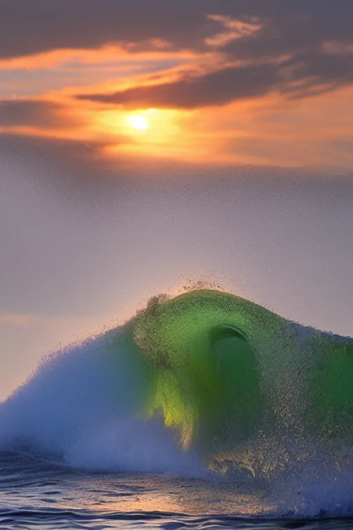 Image similar to Photo Print of a Wave, golden hour, summer, volumetric lighting, award winning, high resolution.