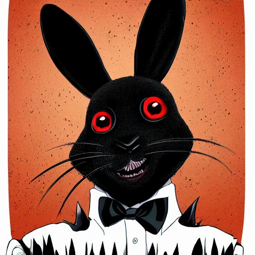 Image similar to A extremely highly detailed majestic hi-res beautiful, highly detailed head and shoulders portrait of a scary terrifying, horrifying, creepy black cartoon rabbit with a bowtie and scary big eyes, earing a shirt laughing, hey buddy, let's be friends, in the style of Walt Disney