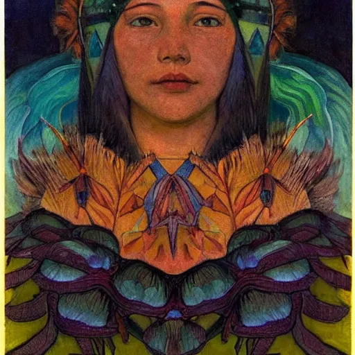 Image similar to the dawn crown, by Annie Swynnerton and Nicholas Roerich and Diego Rivera, bioluminescent skin, feather tattoos, elaborate costume, geometric ornament, symbolist, soft colors, smooth, sharp focus, extremely detailed