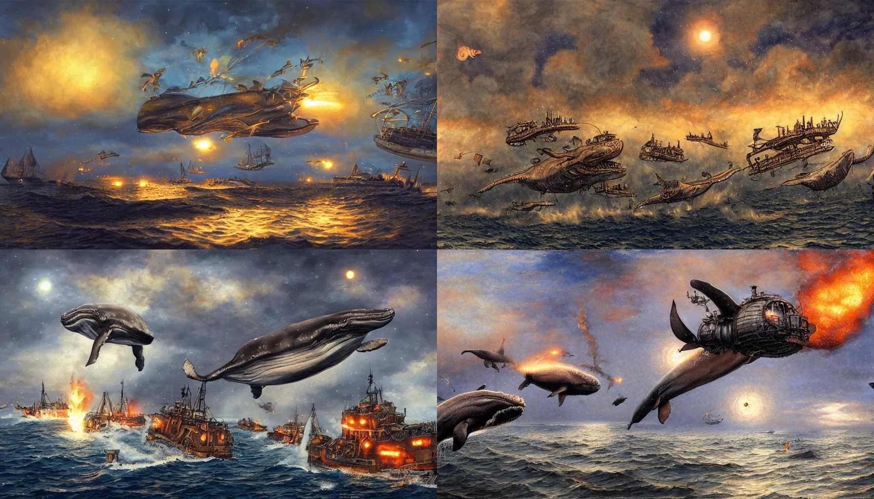 Prompt: whales jumping over steampunk airships on a cloudy night lit by the full moons in the sky, by Didier Graffet, by Min Guen, by Giovani Magana, vivid colors, smokey cannons, flames