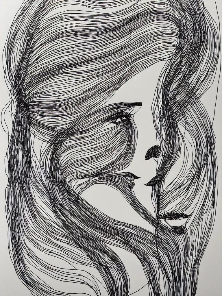 Image similar to elegant minimalist metal wire art of symmetrical and emotional dramatic female facial features and silhouette, influenced by one line drawings, curves, twirls and spirals